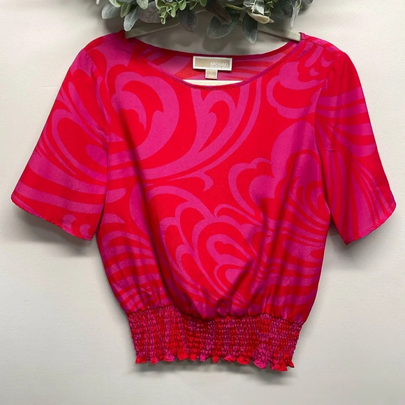MICHAEL Michael Kors Pink and Red Short Sleeve Smocked Waist Blouse S - Picture 1 of 11